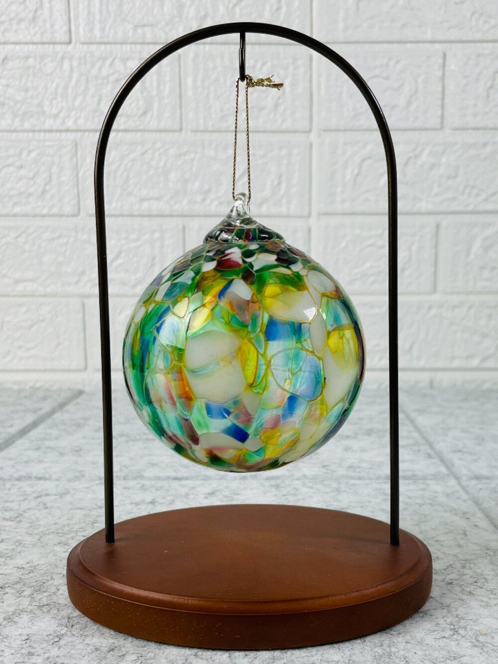 Multicolor Art Glass Hanging Ball Ornament 3.5" with Display Stand